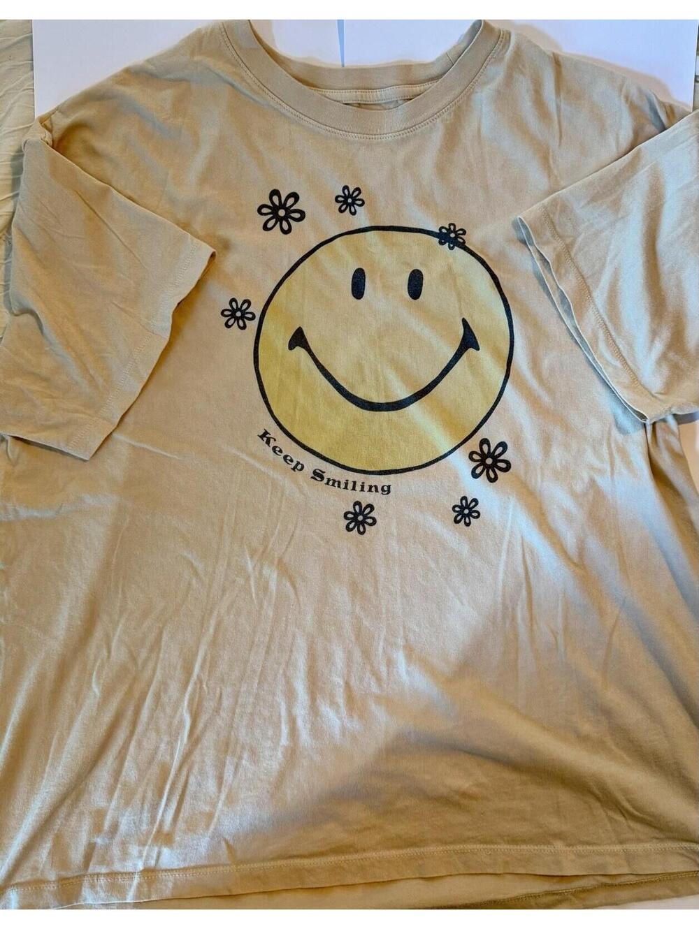 American Eagle Smiley Face Keep Smiling Graphic Tee Beige Womens L XL Cotton